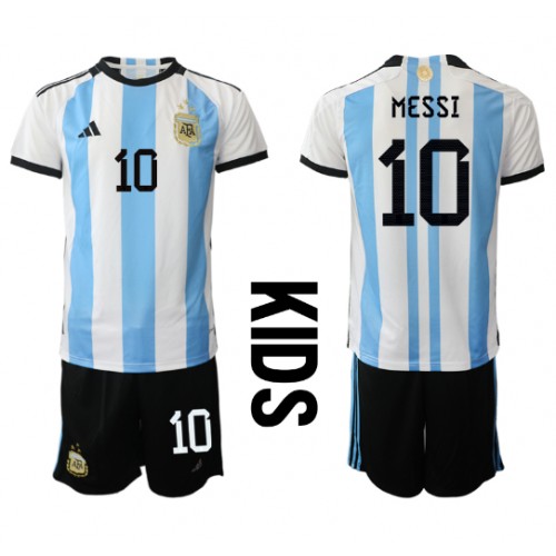 Fotballdrakt Barn Argentina Lionel Messi #10 Hjemmedraktsett VM 2022 Kortermet (+ Korte bukser)